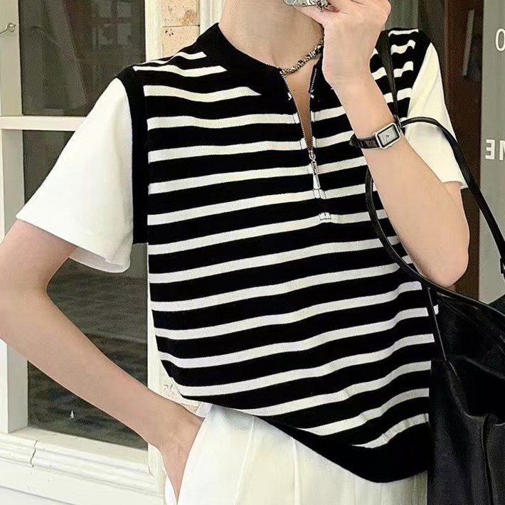 cottonpeko 예쁜 데일리룩 여성 반팔 반집업 지퍼 니트티셔츠
