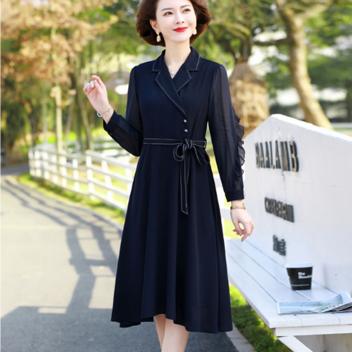 Sevalo 2023 초봄 중년 여성 터틀넥 원피스 하이웨이스트 시폰 긴팔 롱 스커트