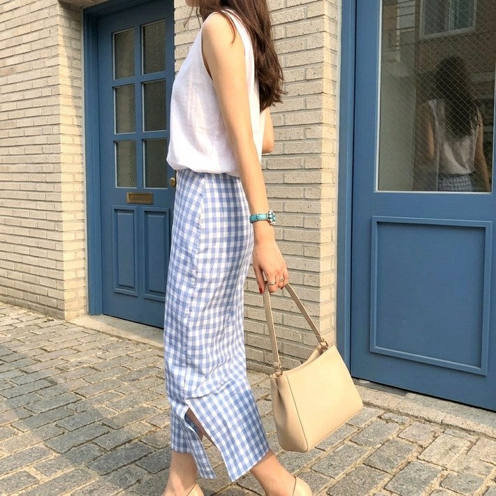 오늘출발 엘텍몰 봄 여름 옆트임 깅엄체크 H라인 롱스커트 5577까지