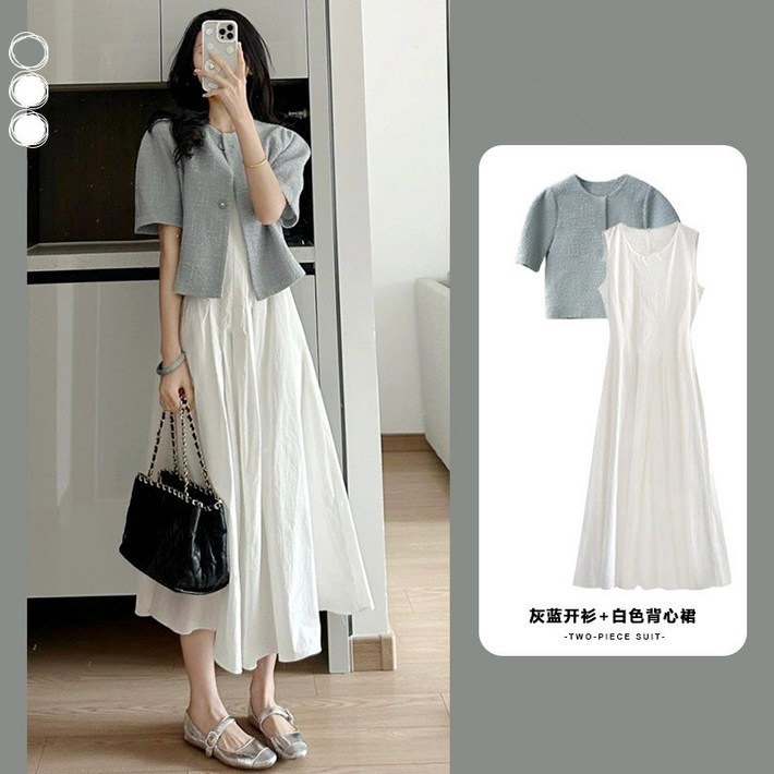 비비디아 여성 캐주얼 반팔 자켓 민소매 롱 원피스 2종세트 치마 상하의세트 5391