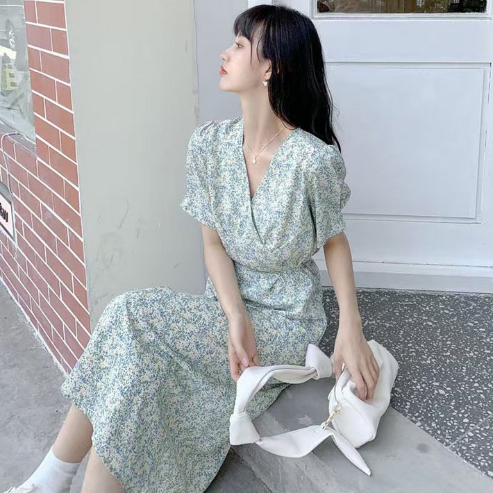 BIKASU 여성 여름 휴양지 원피스 브이넥 플라워 퍼프 쉬폰 롱원피스 BIKASU 여성 여름 휴양지 원피스 브이넥 플라워 퍼프 쉬폰 롱원피스