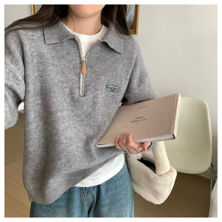 모몰라티 여성 루즈핏 완전 부드러운 니트 반집업 카라넥 스웨터 티셔츠