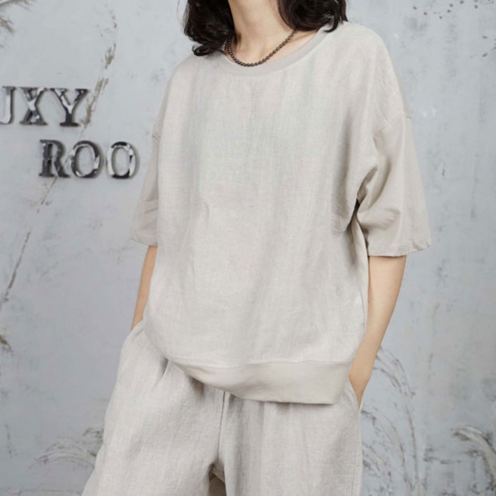 벅시루 린넨 앞뒤배색 양슬릿 여자맨투맨 린넨티셔츠 오버핏 라운드넥 시원한 여름 여성 엄마옷 반팔티