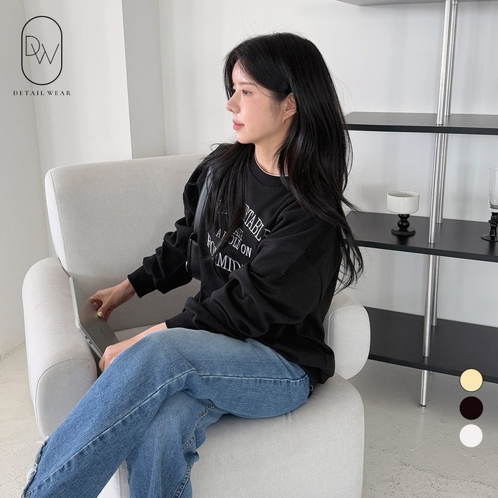 디테일웨어 여성 간절기 홀드온 맨투맨 자수 레터링 루즈핏 긴소매 티셔츠 특양면 여자맨투맨 데일리룩