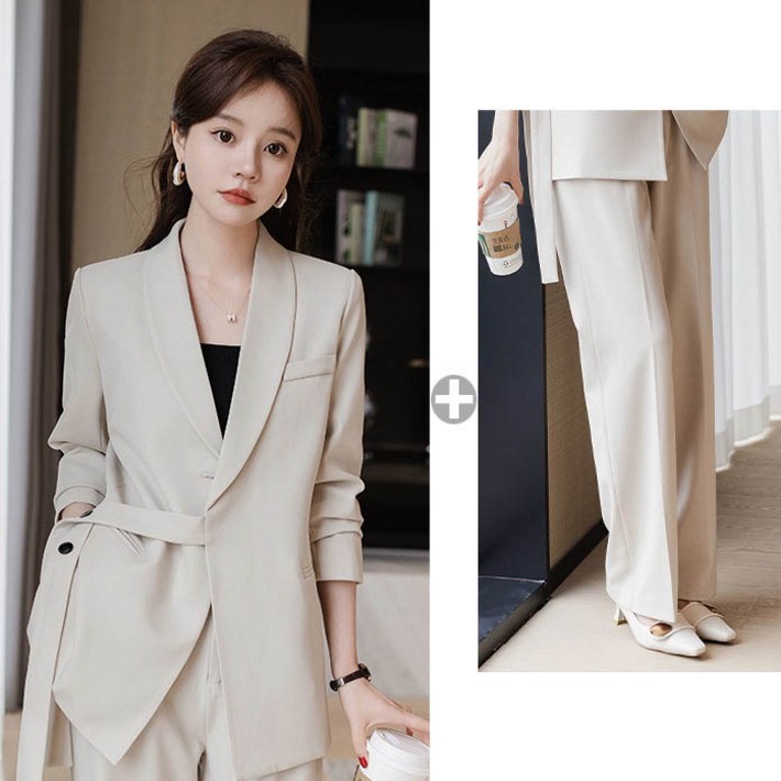 여성 오피스 정장세트 와이드팬츠 투피스 벨트 포인트 정장자켓 하객룩 출근룩 면접 캐주얼 셋업 수트 고급