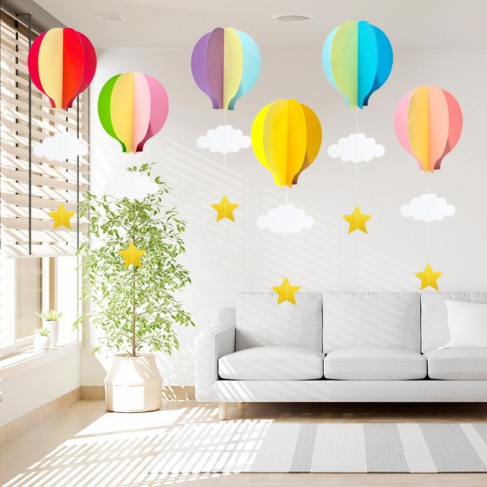 그리다 구름 열기구 모빌 장식 세트 6p 어린이집 여름 모빌 종이모빌 천장모빌