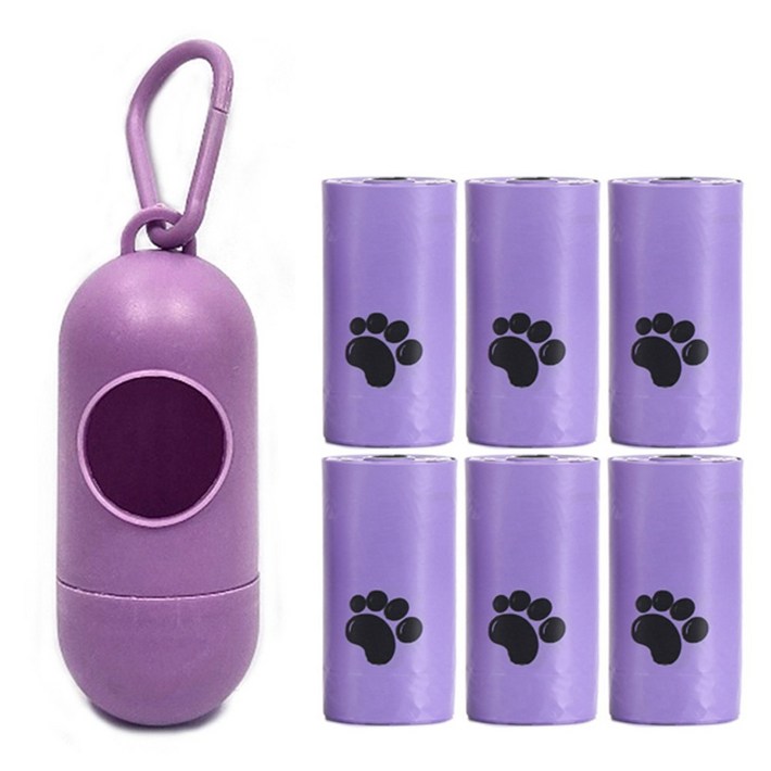 애완동물 캡슐 디스펜서 배변 봉투 6롤 세트 퍼플 애견 동물 고양이 강아지 케이스 봉지 외출 필수품