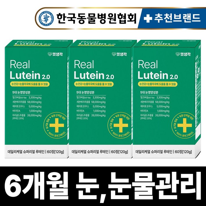 펫생각 리얼루테인 반려견 강아지 눈 영양제 눈물 자국 보조제 백내장 녹내장 눈노화 예방 시력저하 120g, 60정, 눈물개선눈건강, 3개
