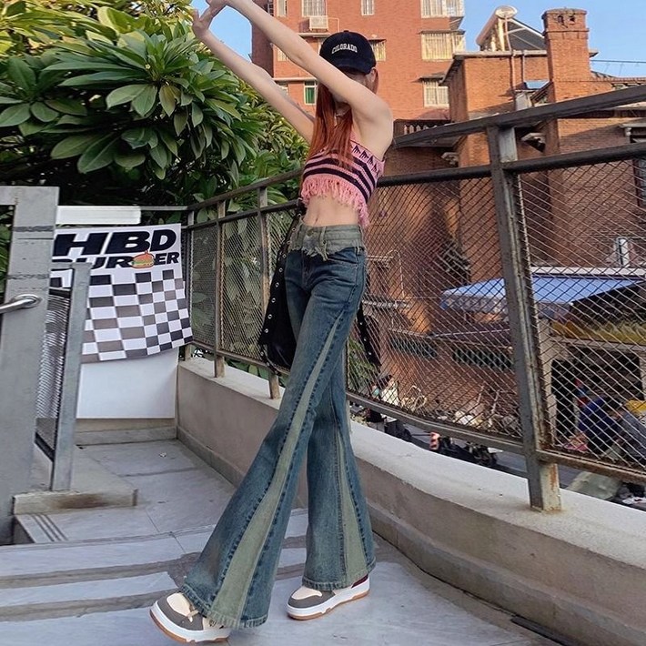 해피유통 여성 하이웨이스트 부츠컷 청바지 트렌디 패치 디자인XG05