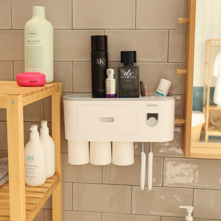 욕실정리 무타공 칫솔꽂이 치약 디스펜서, 그레이, 1개