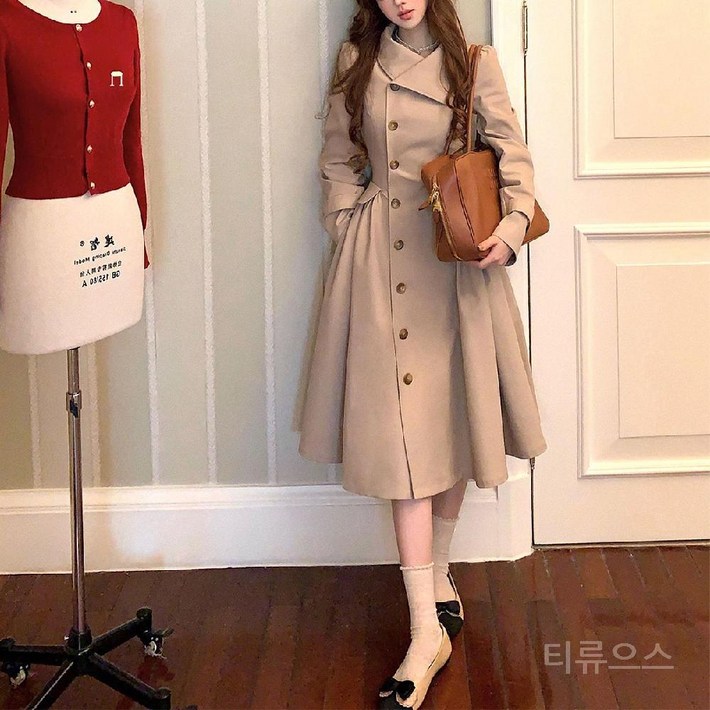 티류으스 여성 가을 트렌치코트 허리라인 핏 A라인 플레어 기장 중장 Z0407