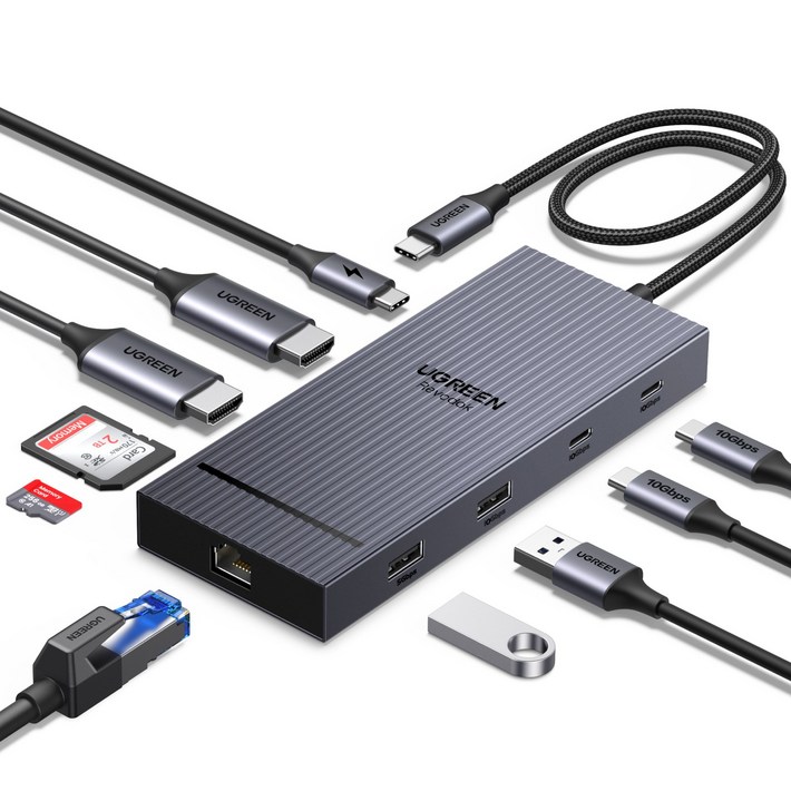 UGREEN 유그린 Revodok Pro 10 in 1 도킹 스테이션 듀얼 HDMI 2.0 4K60Hz 디스플레이 10Gbps PD100W USB C 멀티허브, 1개, Grey, CM886