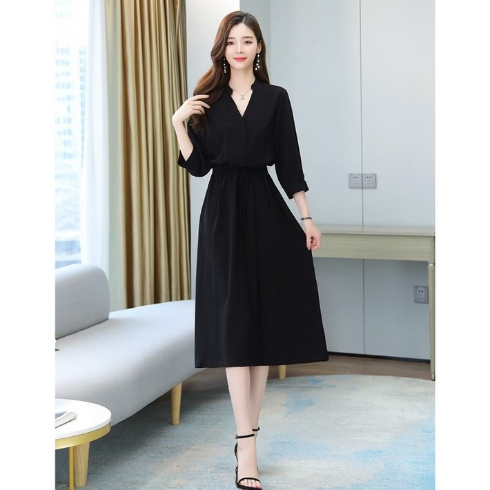 미주상점 가을 여성 원피스 정장 단아한 브이넥 7부 하객룩
