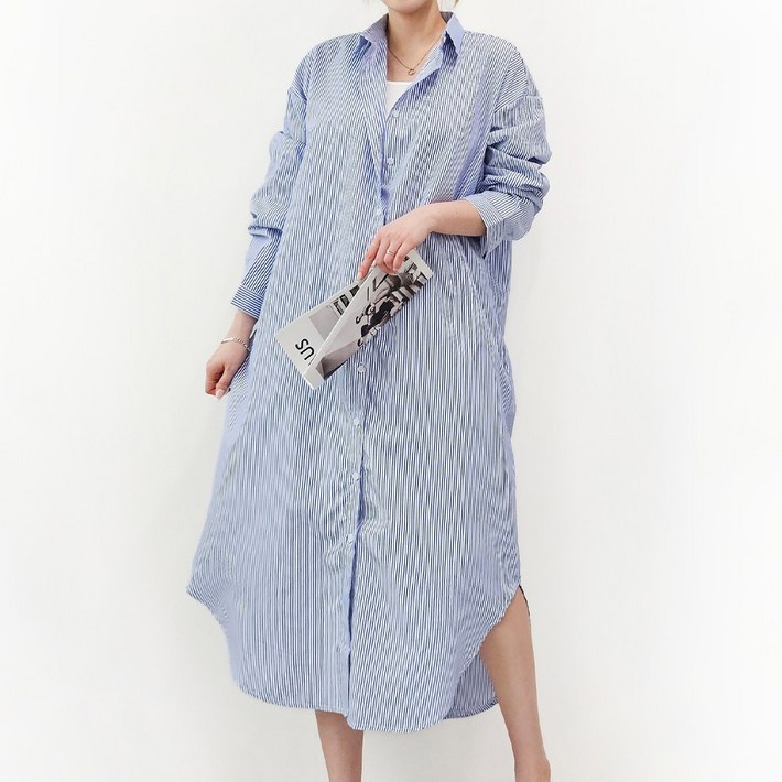 4XL 3COLOR 스트라이프 롱 셔츠 원피스 5588 빅사이즈 오버사이즈 남방 줄무늬 긴팔원피스 임부복 홈웨어