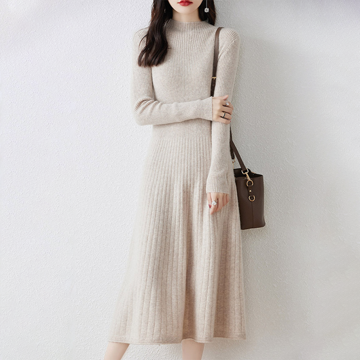 NUNUHANA 여성 데일리 슬림 반폴라 롱 니트 원피스