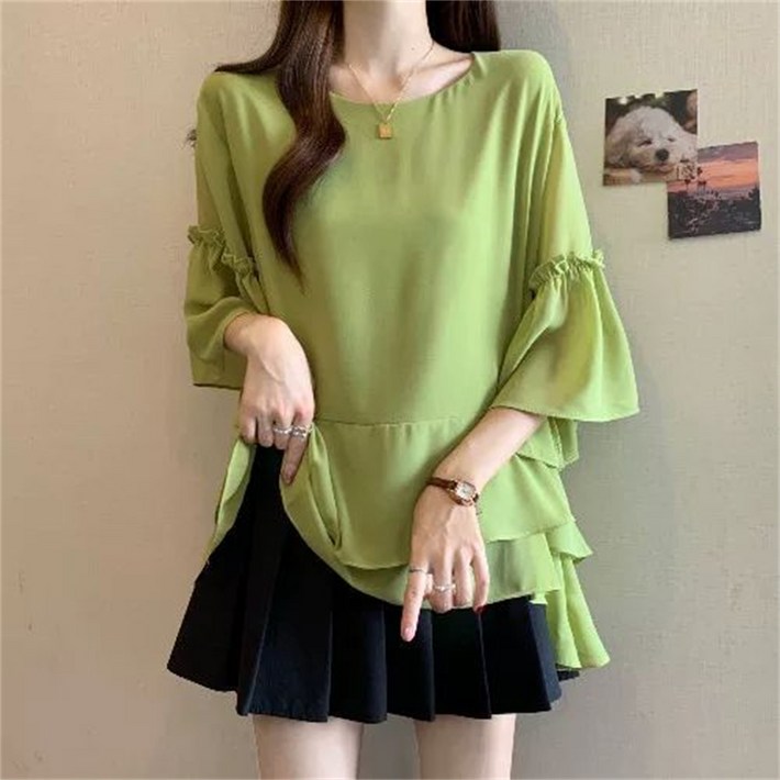 besteffie 여성용 봄 여름 쉬폰 블라우스 레이어드 러플 디자인 캐주얼 루즈핏 라운드넥 이중 반팔셔츠 K92