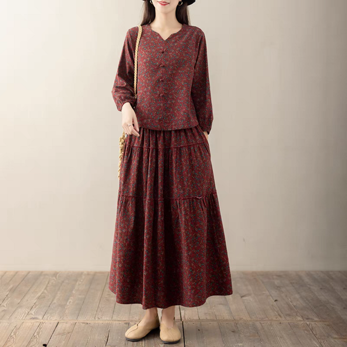 에스닉 빈티지 면 마 텍스처 봄 여름 투피스 소매 플라워 스커트 다양한 계절 패턴 스커트 상의 빈티지 느낌 개량 한복 소재 통기성