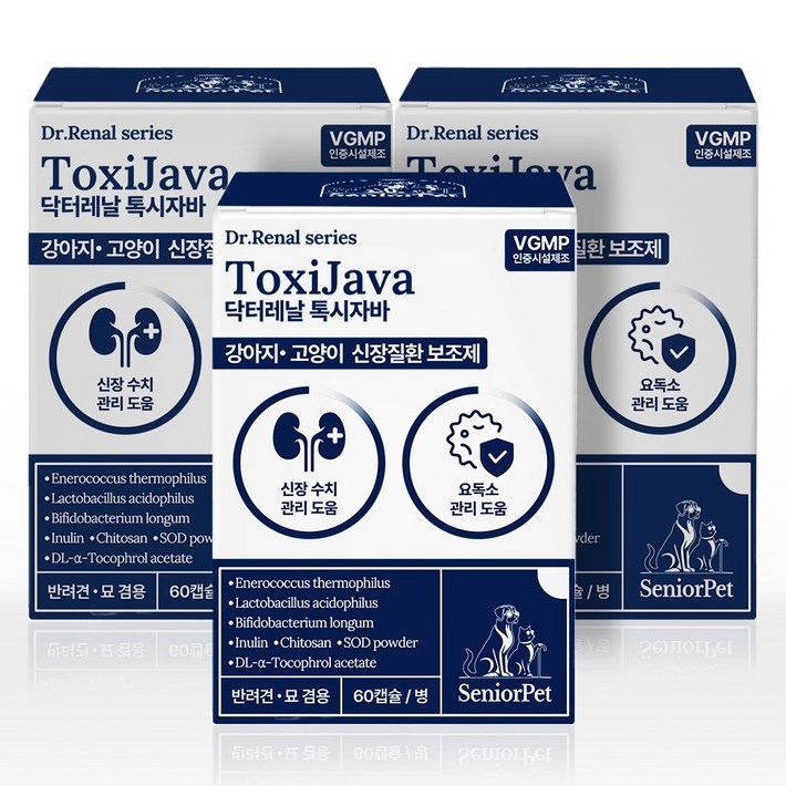 시니어펫 톡시자바 동물병원 신장질환 2기 9000억 유산균 60캡슐, 60정, 유리너리장건강, 3개