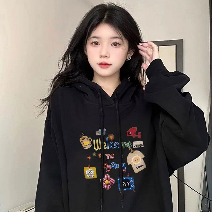 빛깃닥 추동 여성 아메리칸 빈티지 프린트 후드 루즈핏 캐주얼 라운드 맨투맨cc