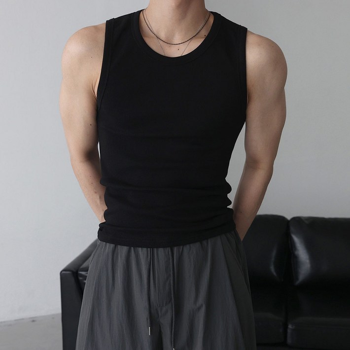 베이직바이블 남자 골지 나시 민소매 고탄력 스판 머슬핏 짐웨어 탄탄한 티셔츠