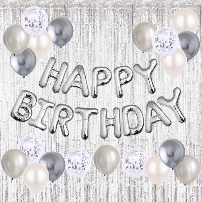 HBD 은박풍선 크롬메탈 혼합풍선세트 파티커튼 생일파티세트 에브리띵스마일 1221, 1세트, 실버 풍선 커튼