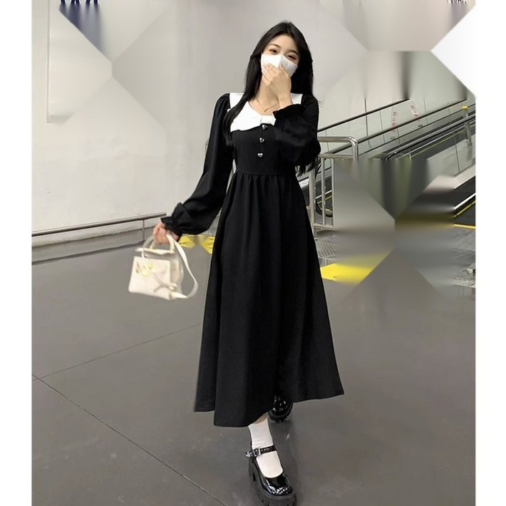 미중 여성 봄가을 뉴 빅사이즈 배색 베이비 칼라 경숙 박시 긴팔 원피스 cxcy