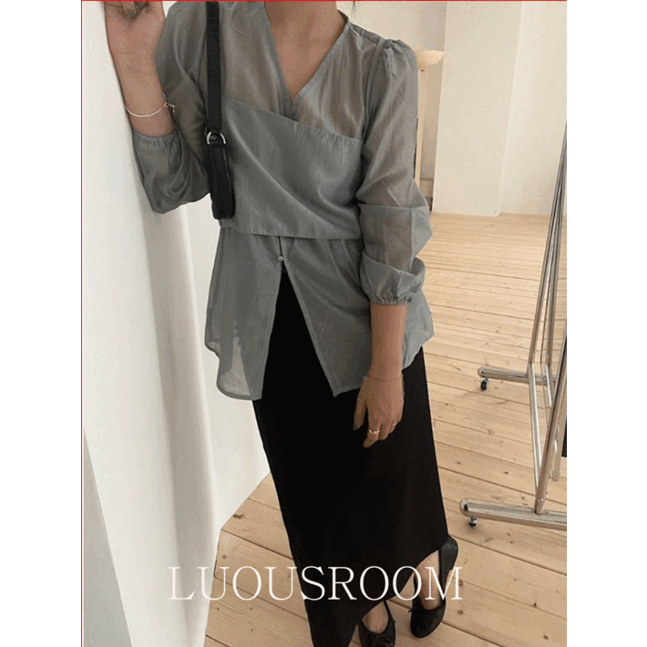 루어스룸 소르베 여성 루즈핏 빅사이즈 긴팔 뷔스티에 블라우스 세트 (2color)