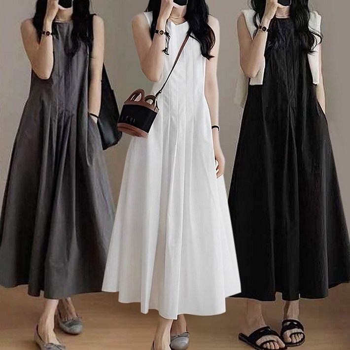 모던허니 여름 핀턱 민소매 A라인 롱 원피스 하객룩 플레어