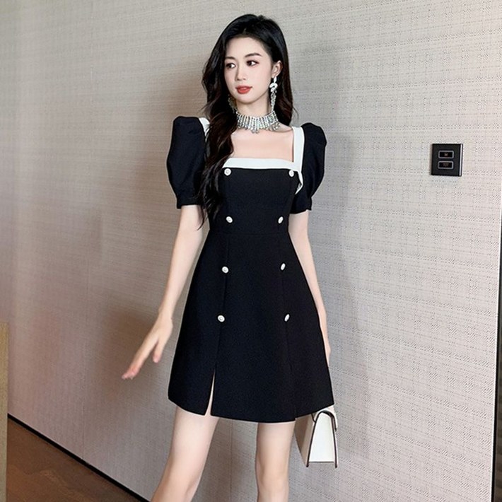여자 여름 원피스 우아한 퍼프 소매 버튼 디테일 스퀘어 넥 원피스 파티 스타일 YLP