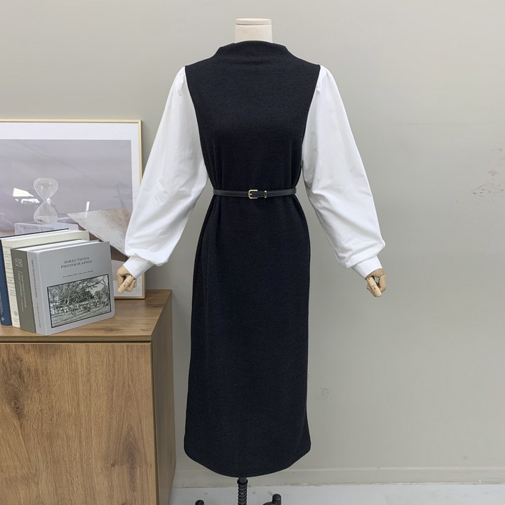 행복여 미스티 하프넥 벨트 세트 셔츠 배색 원피스