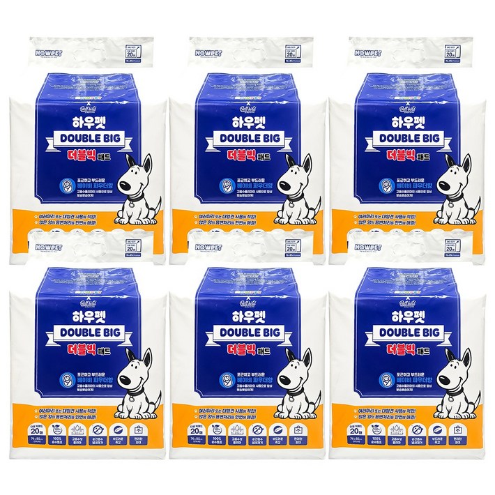 하우펫 더블 빅패드 20매 x6팩 펫패드 대형패드 배변패드 강아지배변패드 강아지패드 애완견패드 애견패드 애견배변패드 반려견패드 벨버드패드, 20개입, 6개
