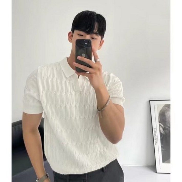 남성용 머슬핏 반팔 카라 니트 티셔츠