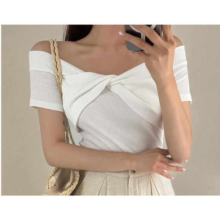 달뭉이네 슬림핏 꼬임 오프숄더 반팔 니트티