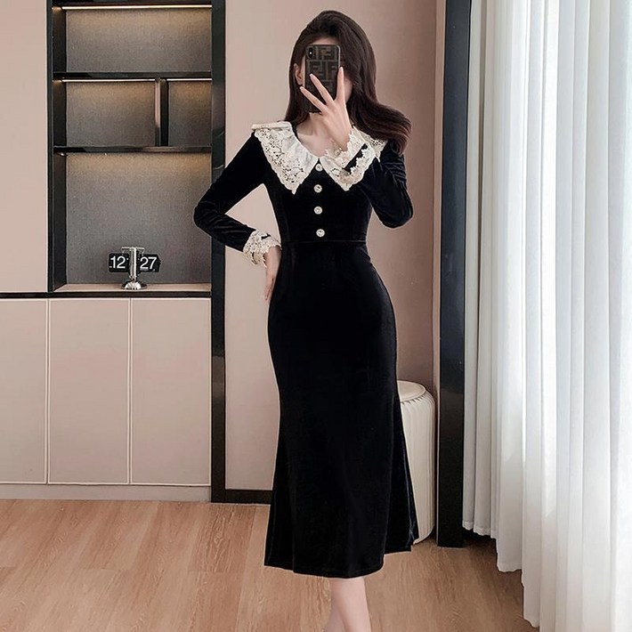 HANLIN 겨울 여자 벨벳레이스 하객 파티 고급 머메이드 롱원피스 B5RD1L3