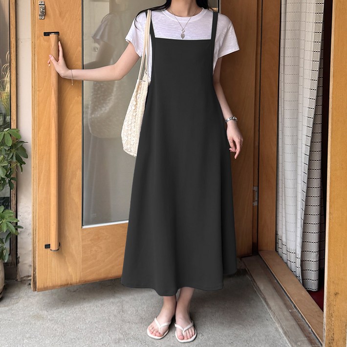 데일리앤 타르트 시원한 엠보 플레어 레이어드 멜빵 뷔스티에 끈 나시 롱 원피스 여름