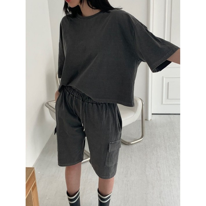 AVIDEVE 여자 피그먼트 세미크롭 반팔티셔츠