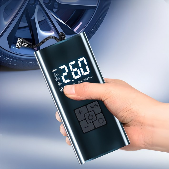 타이어 공기압 주입기 휴대용 무선 올인원 세트 6000mAh 타이어 압력 모니터링led손전등보조배터리자동차 농구공 자전거 오토바이 다용도에어펌프, 블랙, 1세트
