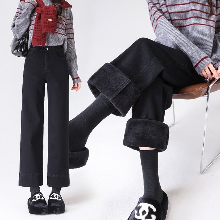 토보샵 키작녀 9부 기모 청바지 일자 세미 와이드 스판