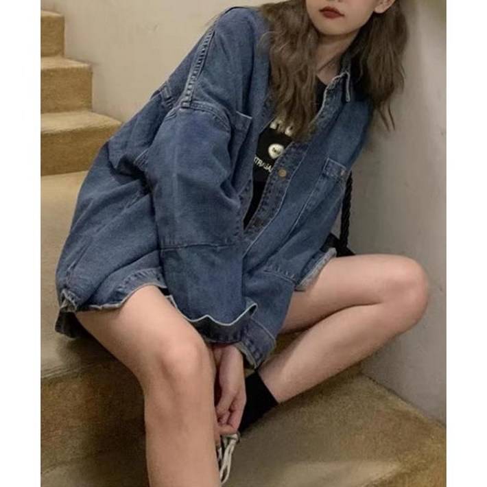 메이브 심플 스트릿 캐주얼 보이핏 데님 카라자켓