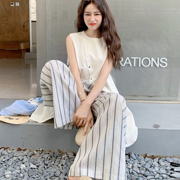 프리미엄 봄 여름 여성 스트라이프 와이드 팬츠 조끼 캐주얼 투피스 세트 빅사이즈 미니멀 오피스룩 세트