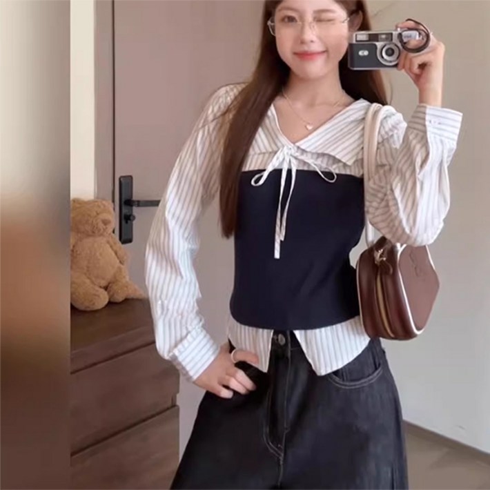 나인클로젯 스트라이프 빅카라 리본 네이비 니트 블라우스 일체형 봄 가을 셔츠