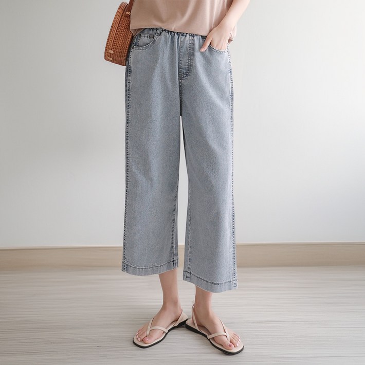 여성 여름 밴딩 청바지 8부 와이드 연청 데님 스판 하체커버 팬츠