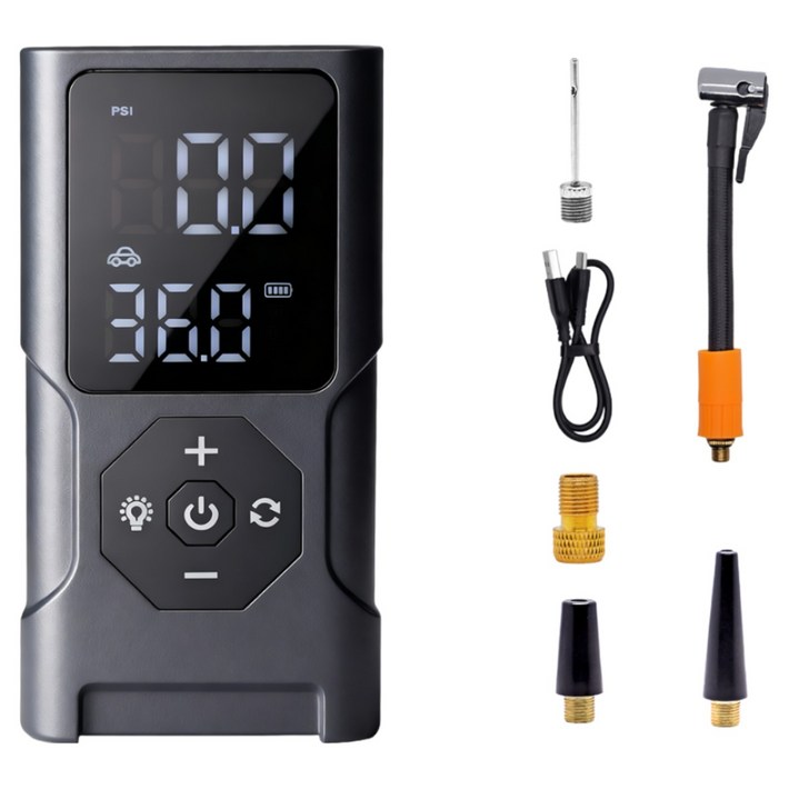 휴대용 무선 공기 주입기 풀세트 LED손전등보조배터리자동차구기류자전거 오토바이 다용도 에어 펌프, black, 1개