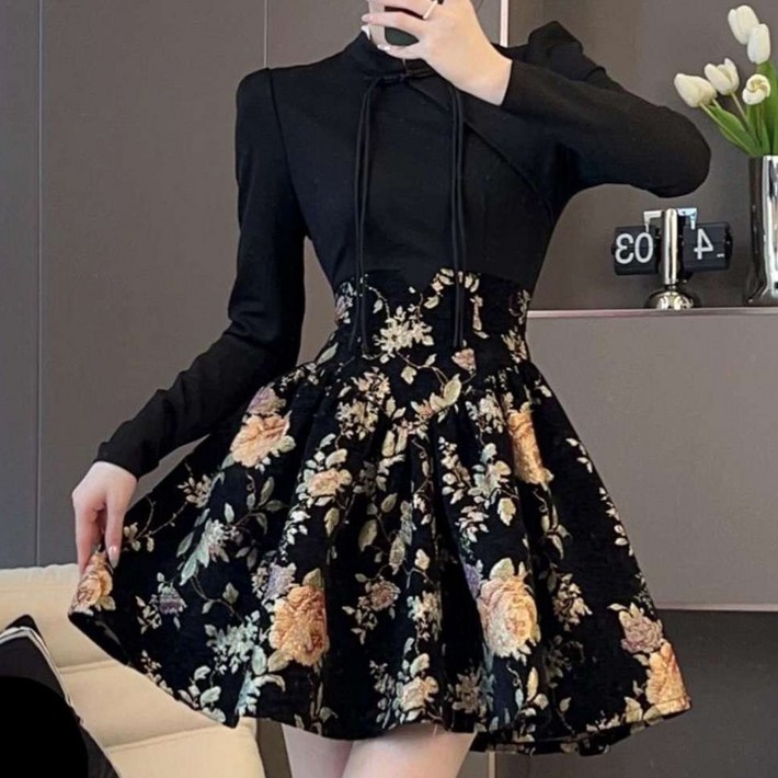 JIEVE 여성 가을 겨울 플로럴 프린트 긴소매 원피스 하이넥 귀여운 스타일 W18