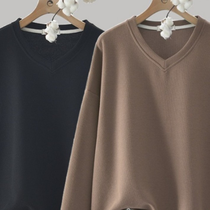 Asure 여자 봄 가을 레이어드 브이넥 무지 와플 체크 빅사이즈 긴팔 맨투맨 11