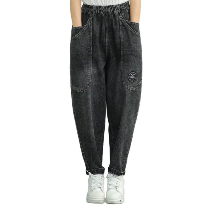 여성용 와이드 기모 데님 팬츠 밴딩 포켓 캐주얼 워싱 배기 청바지