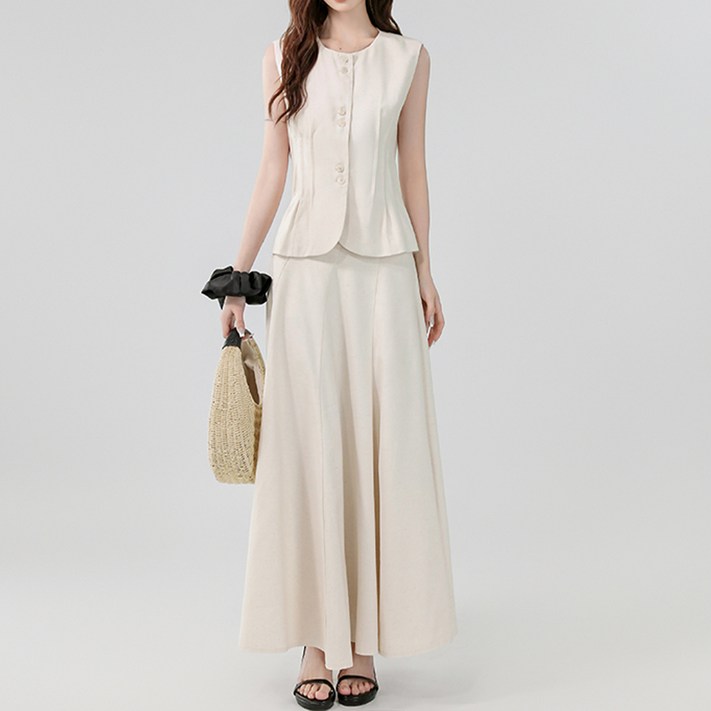 페이퍼먼츠 엘레강스 민소매 재킷  롱 스커트 정장 세트 10351