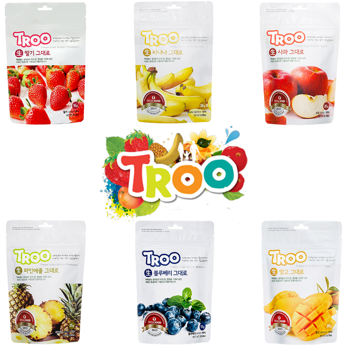 TROO 동결건조 과일칩 6봉 묶음 상품(딸기,블루베리,사과,바나나,파인애플,망고)