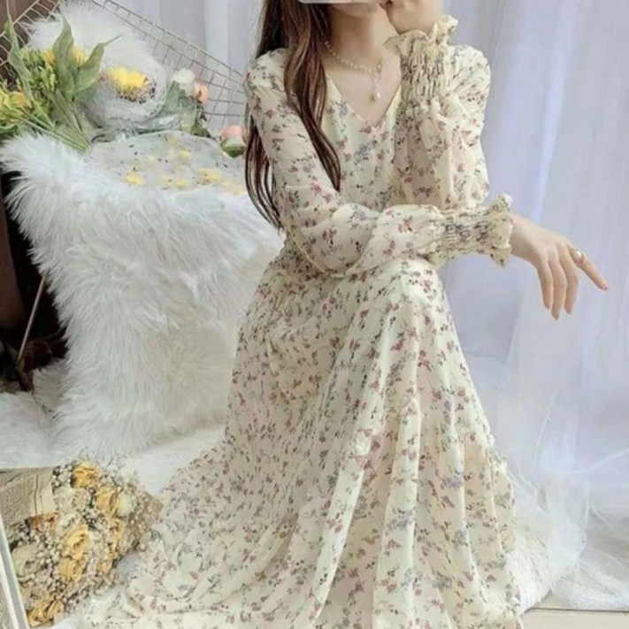 슬림핏 퍼프 긴팔 여성 드레스 블라썸 스모크 롱 원피스