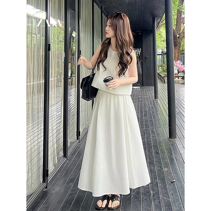 ZAJA 여성 여름 투피스 민소매 셔츠A라인 롱 스커트 패션 휴양지 치마세트